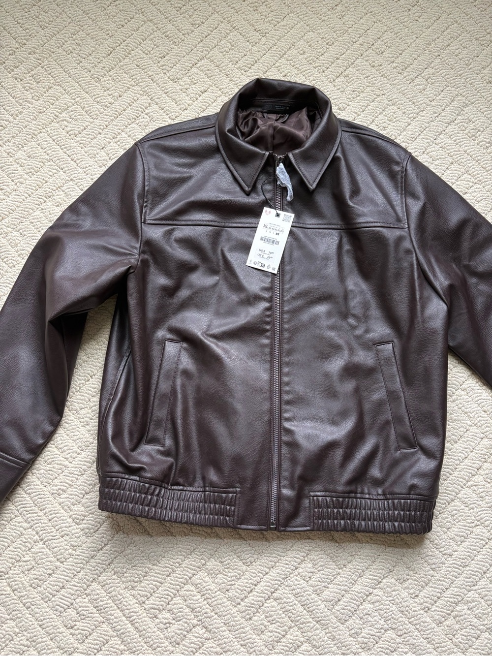 Zara Men's Dark Brown Faux Leather Bomber Jacket
